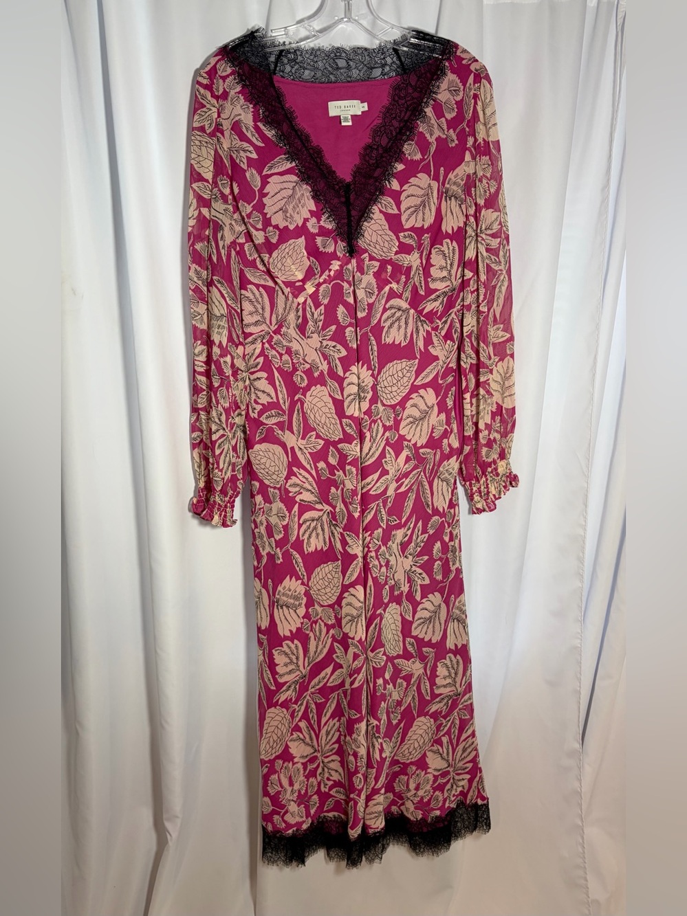 TED BAKER Fuchsia Floral Midi Dress with Lace Trim V-Neck Long Sleeve size M/
